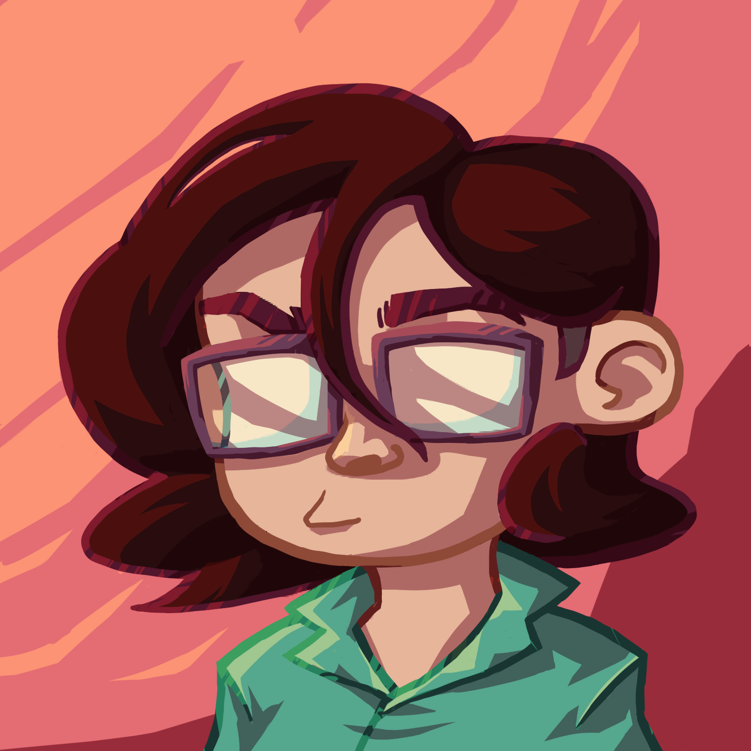 An icon depicting a cartoon portrait of a pale person with dark, chin-length hair. They are wearing glasses that obscure the eyes and a green shirt. The background has shades of peach-tones.